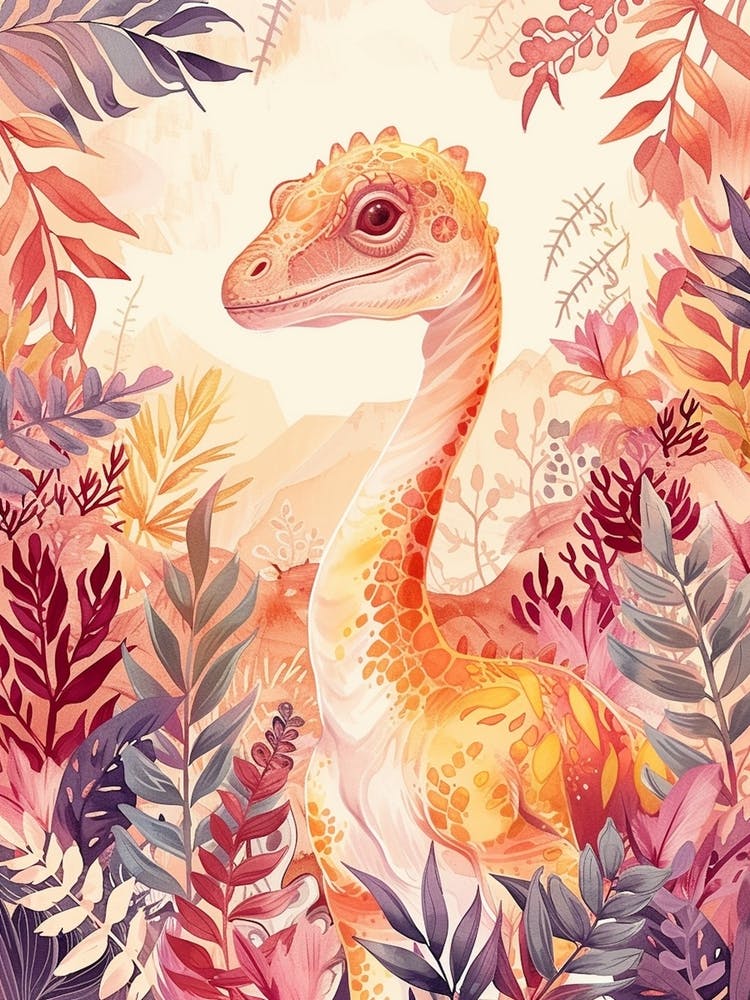 Watercolour Troodon Dinosaur In The Plants 1