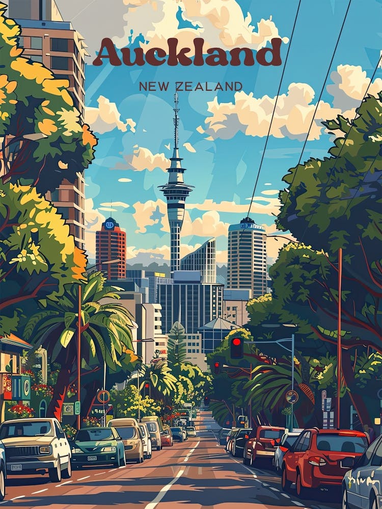 Auckland New Zealand Cityscape Travel Illustration 1