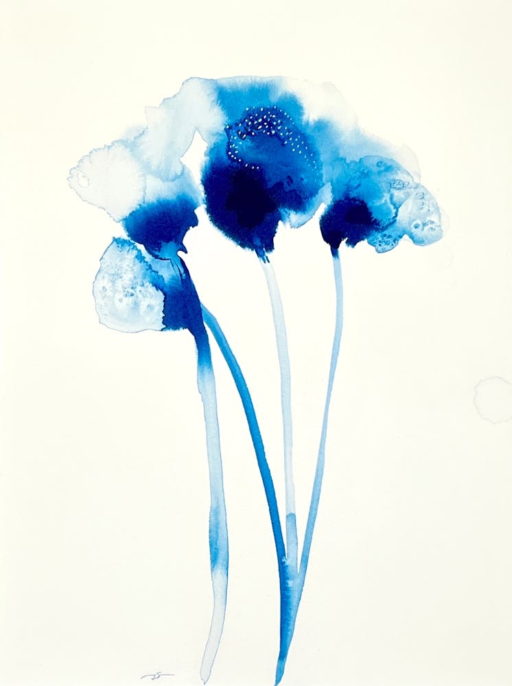 Abstrakte blaue Blumen III, Acryltinte auf Baumwollpapier