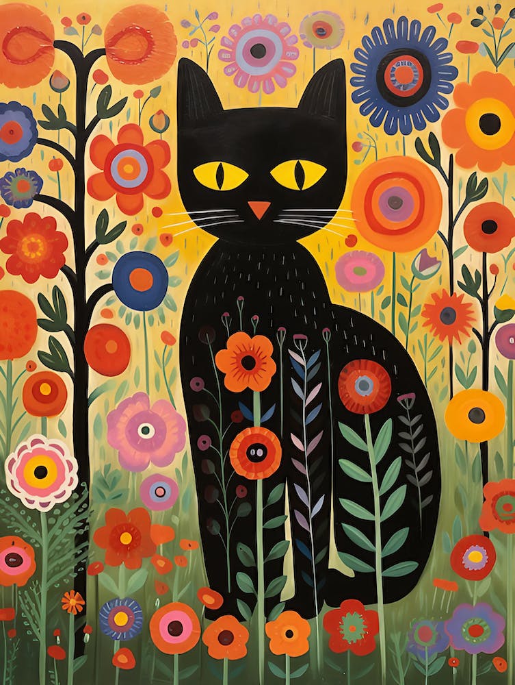Black Cat In Flowers 1