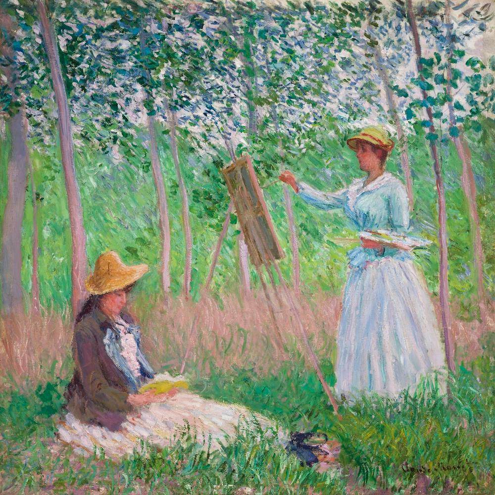 In The Woods At Giverny, Blanche Hoschedé At Her Easel With Suzanne Hoschedé Reading (1887), Claude Monet
