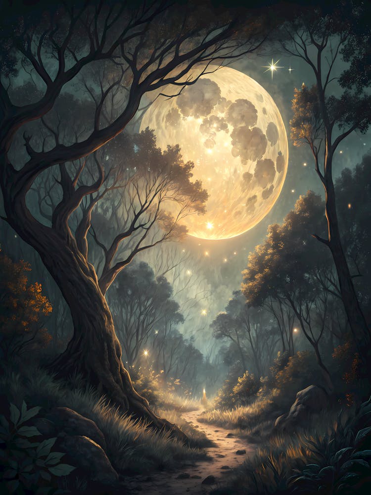 Enchanted Forest Night Full Moon & Glowing Path Landscape