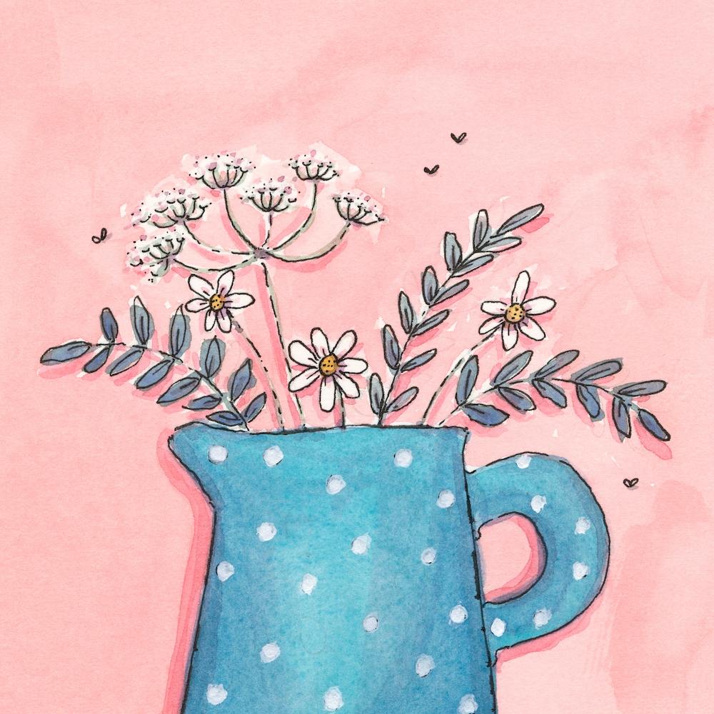 Spotty Blue Jug With Daisies And Cowparsley Square