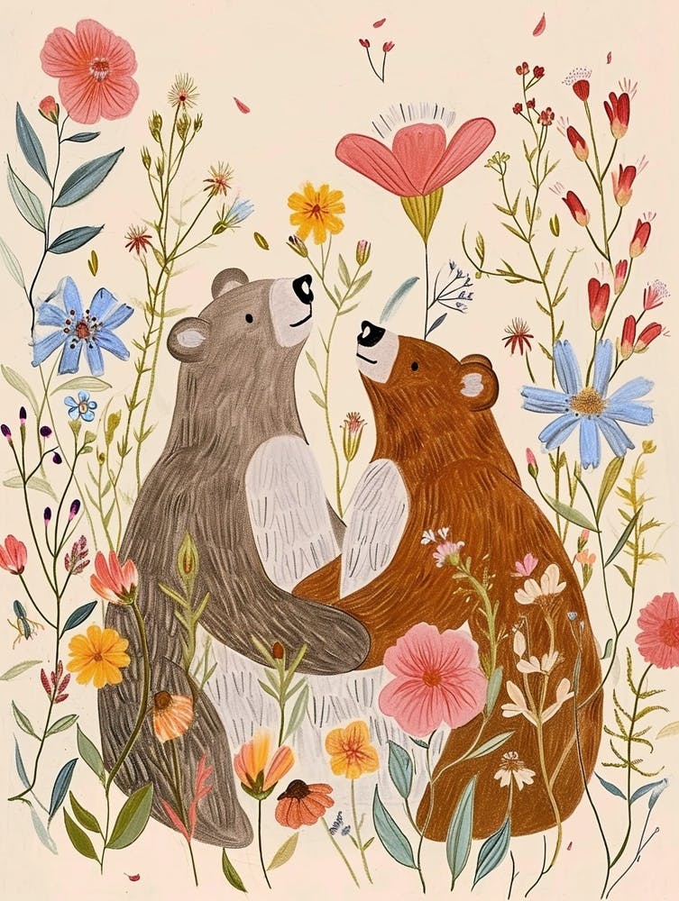 Folksy Floral Animal Drawing Bear 8
