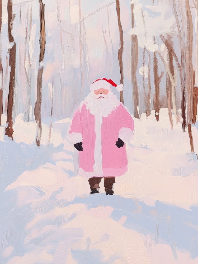 Pink Santa Claus In The Woods. Whimsical Acrylic