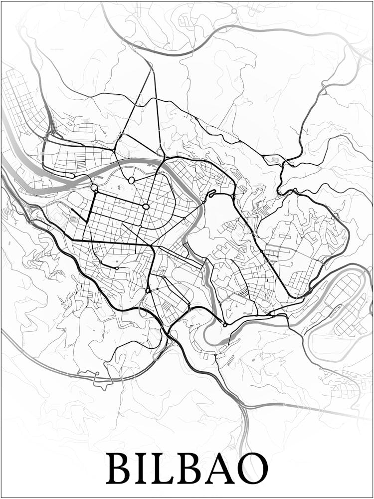 Bilbao, Basque Country, Spain, City Map, Black And White Fade Design