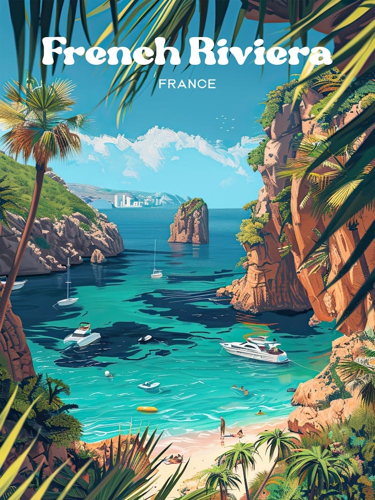French Riviera Island Travel Art Illustration