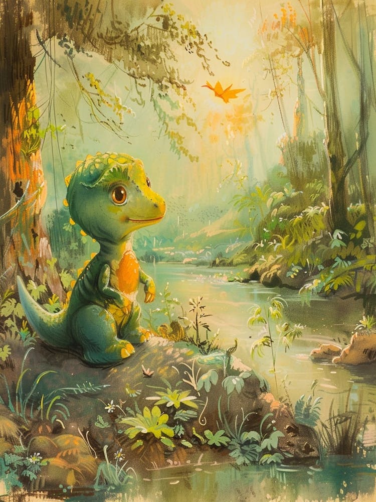 Cute Dinosaur By The Stream Watercolour Painting 2