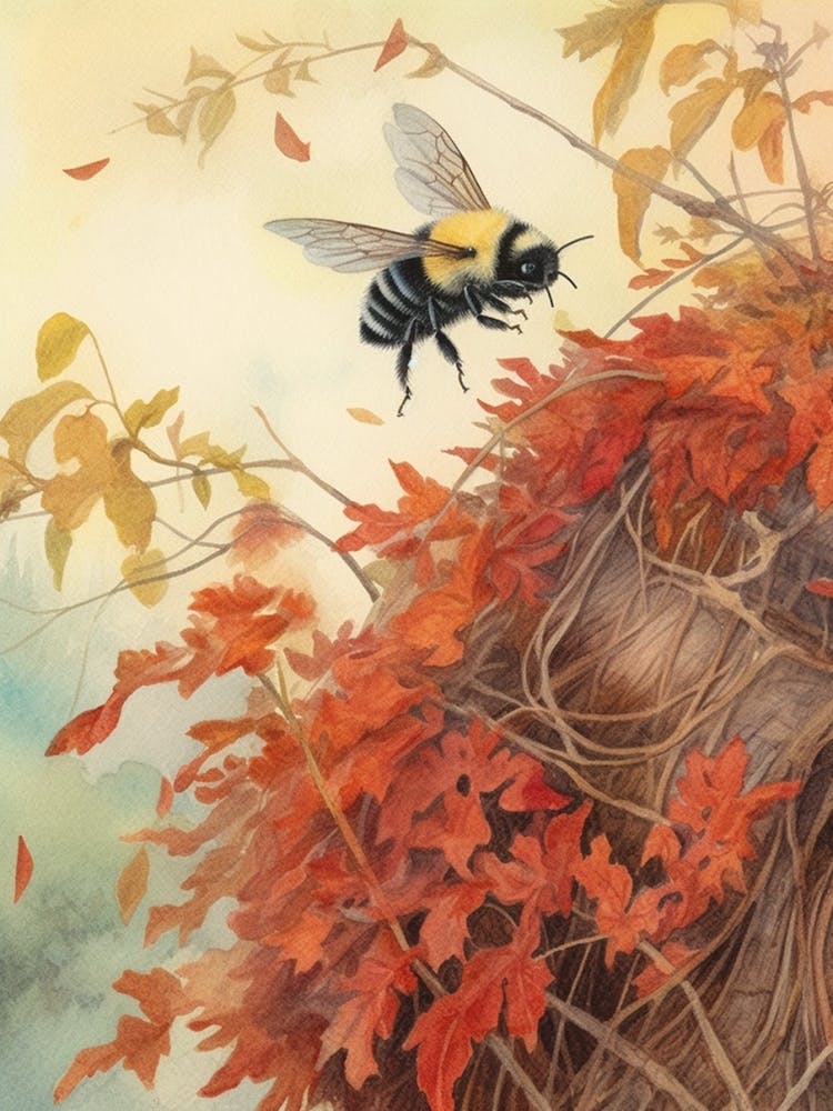 Red Tailed Bumble Bee Beehive Watercolour Illustration 1