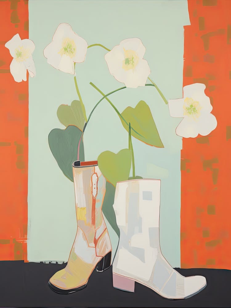 A Painting Of Cowboy Boots With White Flowers, Pop Art Style 7