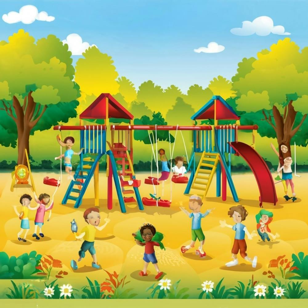 A joyful and colorful scene of children playing together in a vibrant playground, featuring swings, slides, and happy faces, capturing the essence of carefree and active childhood. Such images are popular for various children's products, educational materials, and family-oriented projects