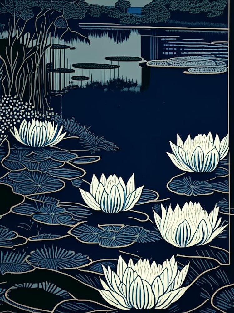 Water Lily Pond Landscapes Waterscape Linocut 1