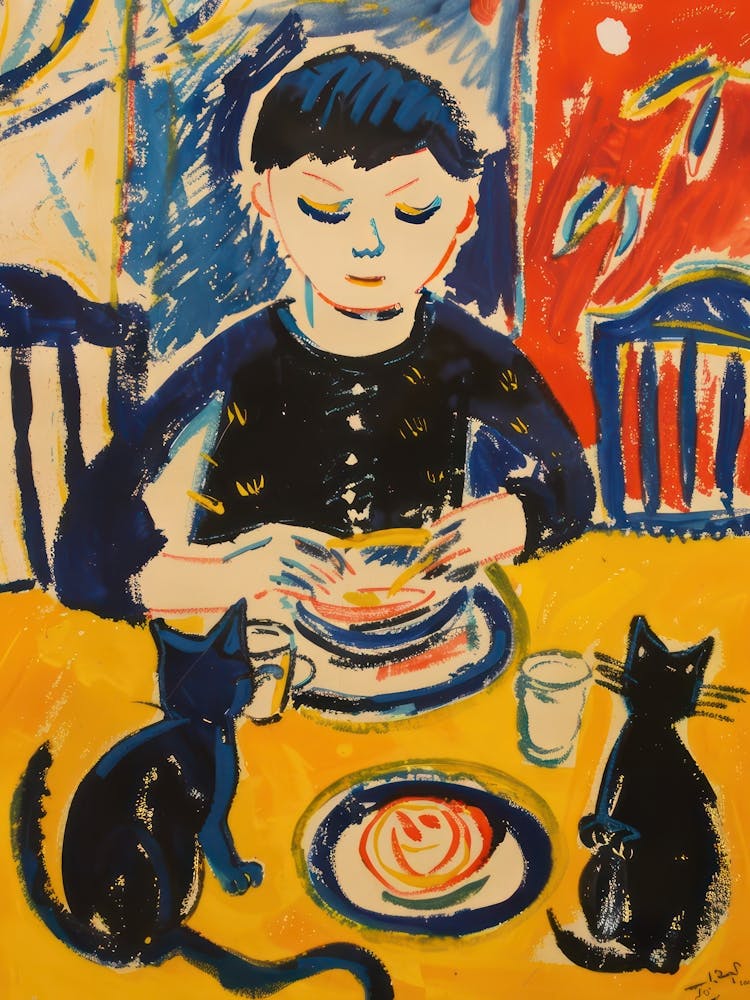 Portrait Of A Boy With Cats Having Dinner 3