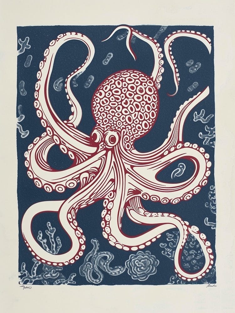 Linocut Inspired Red Octopus With The Coral 3