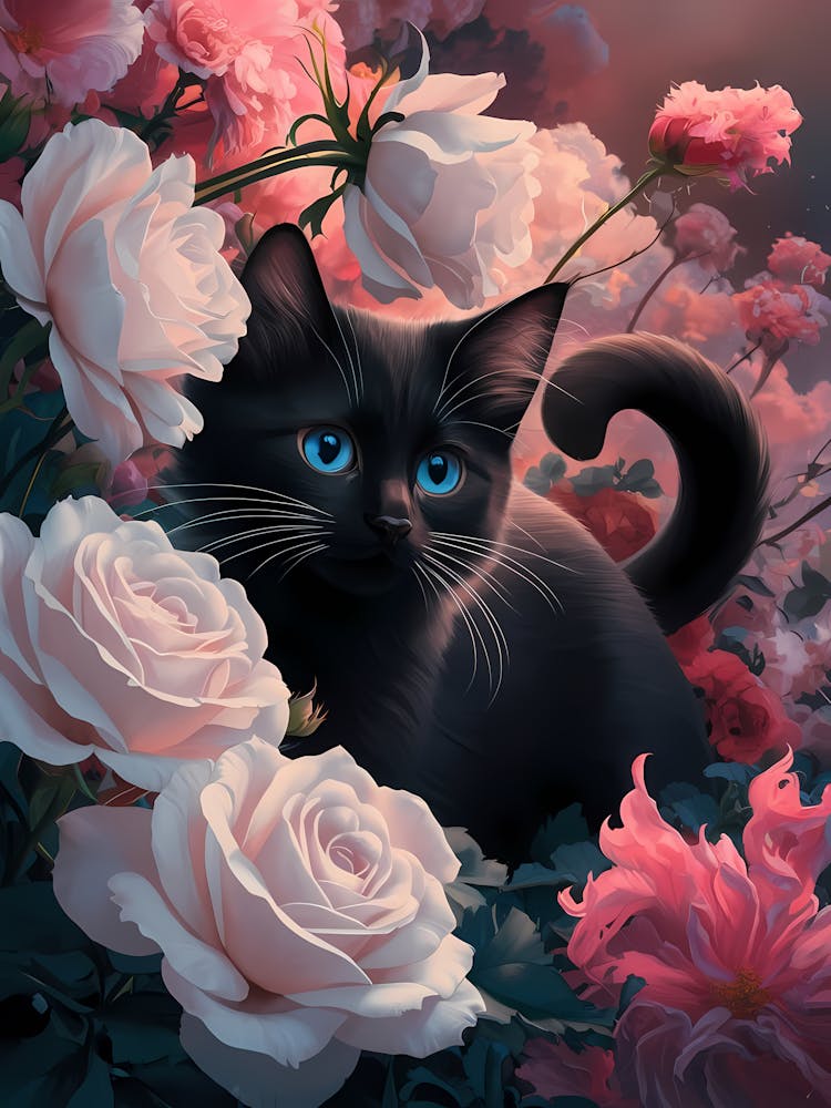 Chat Noir Dans Les Roses 1