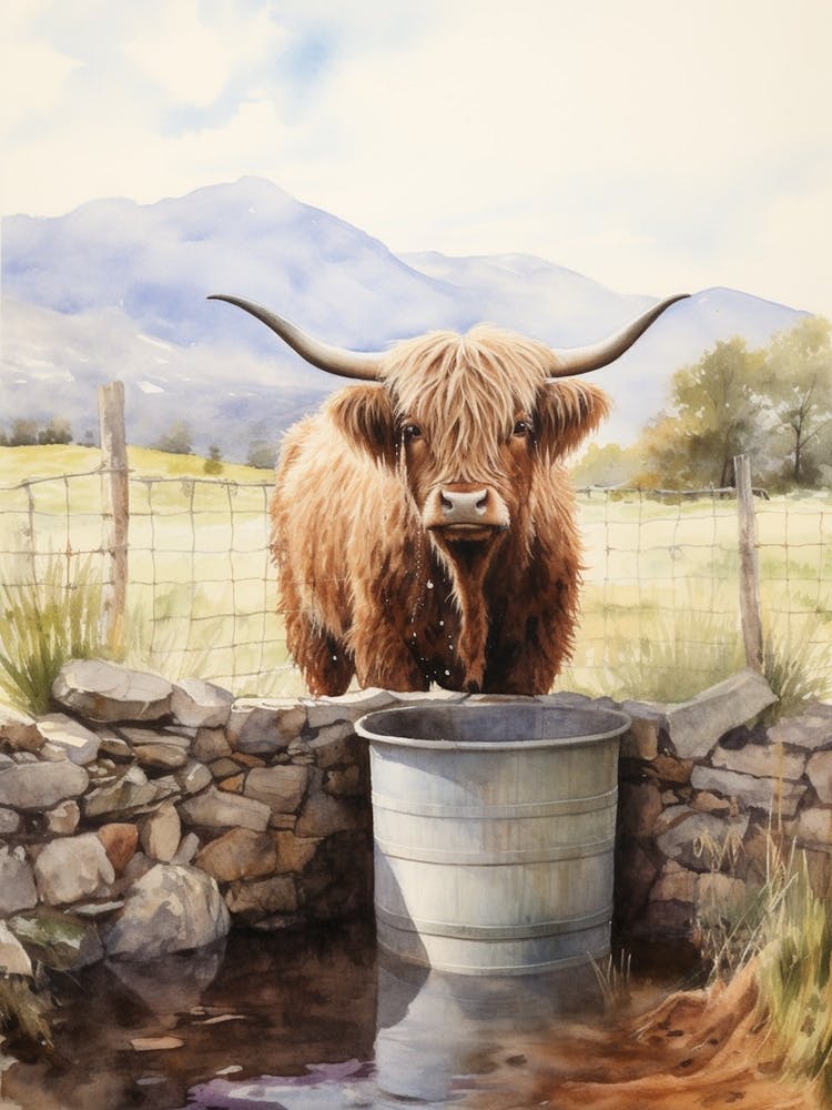 Highland Cow Drinking From Trough Watercolour