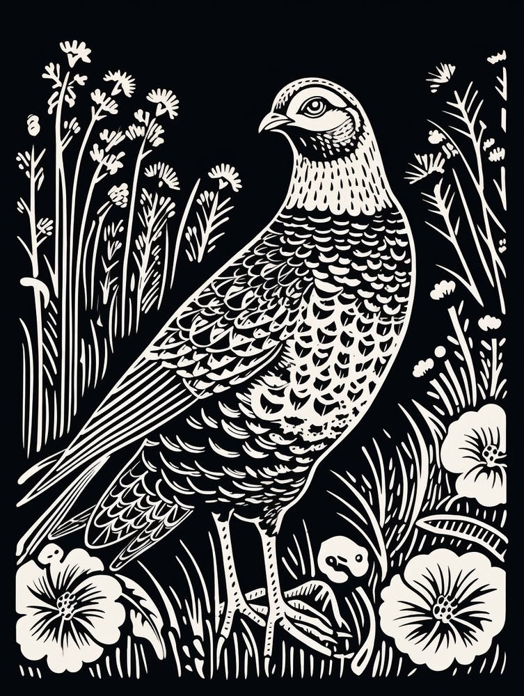 B&W Bird Linocut Grouse 2