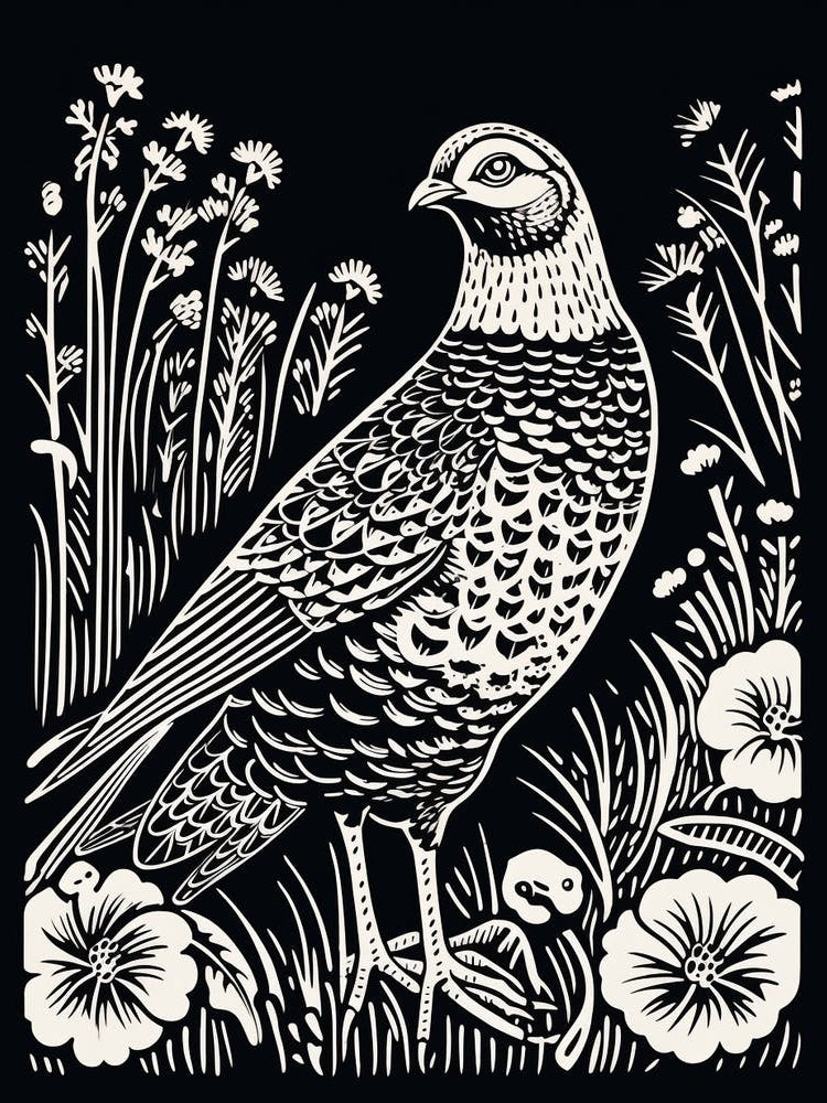 B&W Bird Linocut Grouse 2