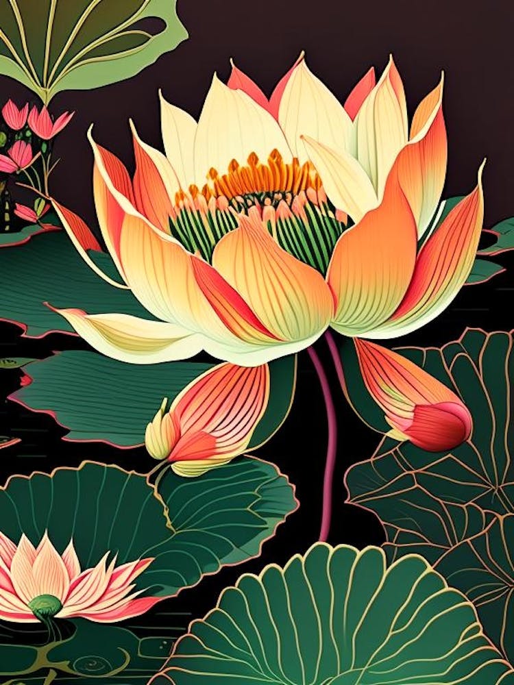 Lotus Flower In Garden Retro Illustration 4