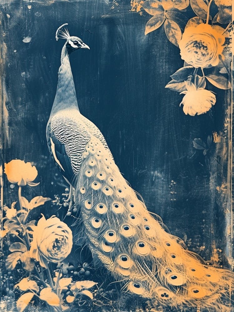 White Orange Blue Cyanotype Inspired Peacock 4