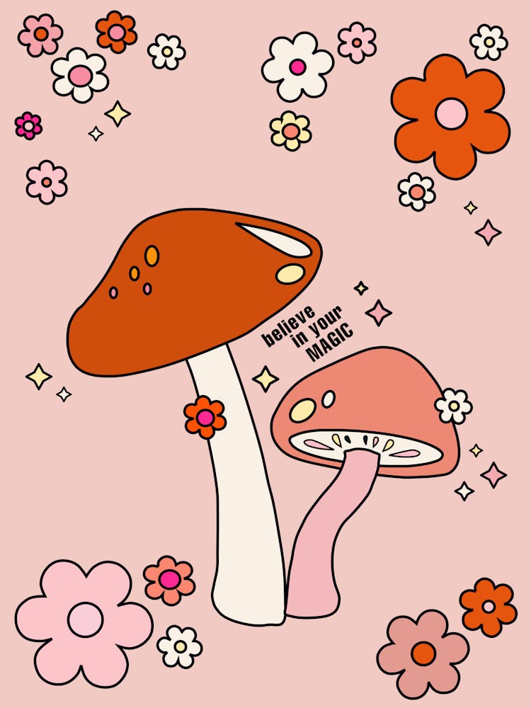 Mushrooms And Flowers Retro 70s Peach