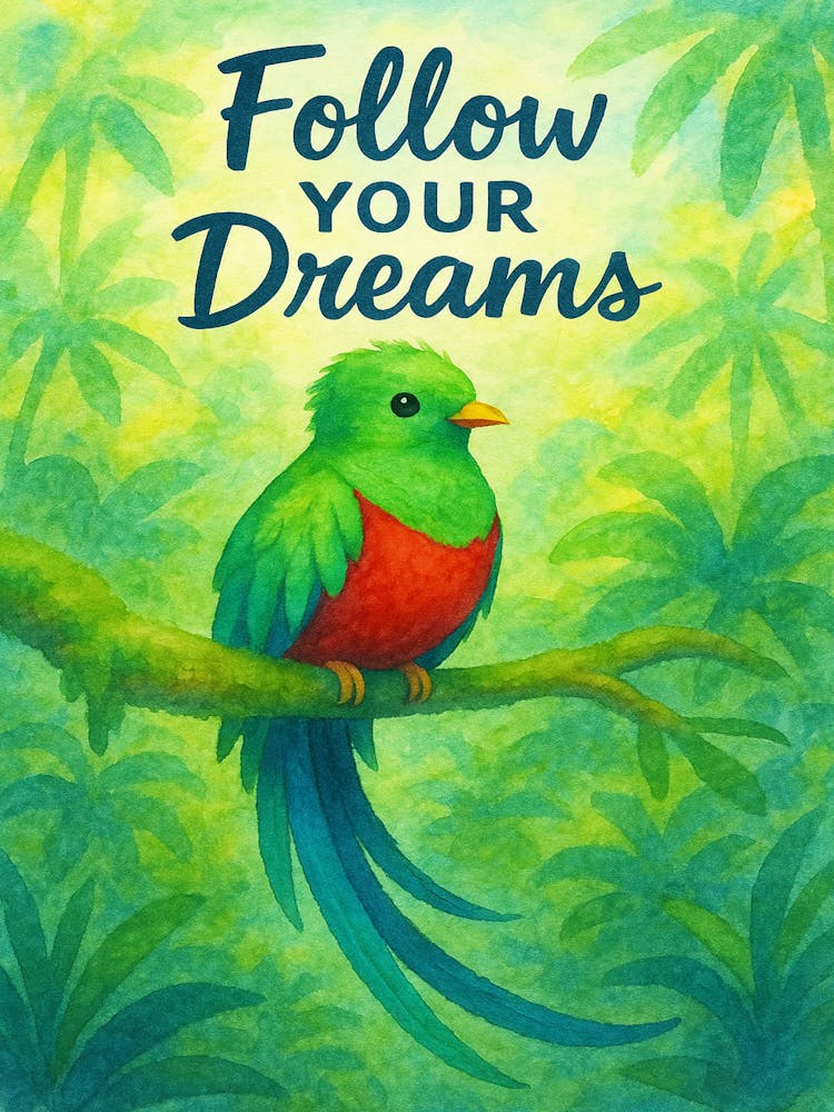 Follow Your Dreams Quetzal Wall Art – Inspirational Jungle Bird Printable, Watercolor Tropical, Motivational Quote Poster