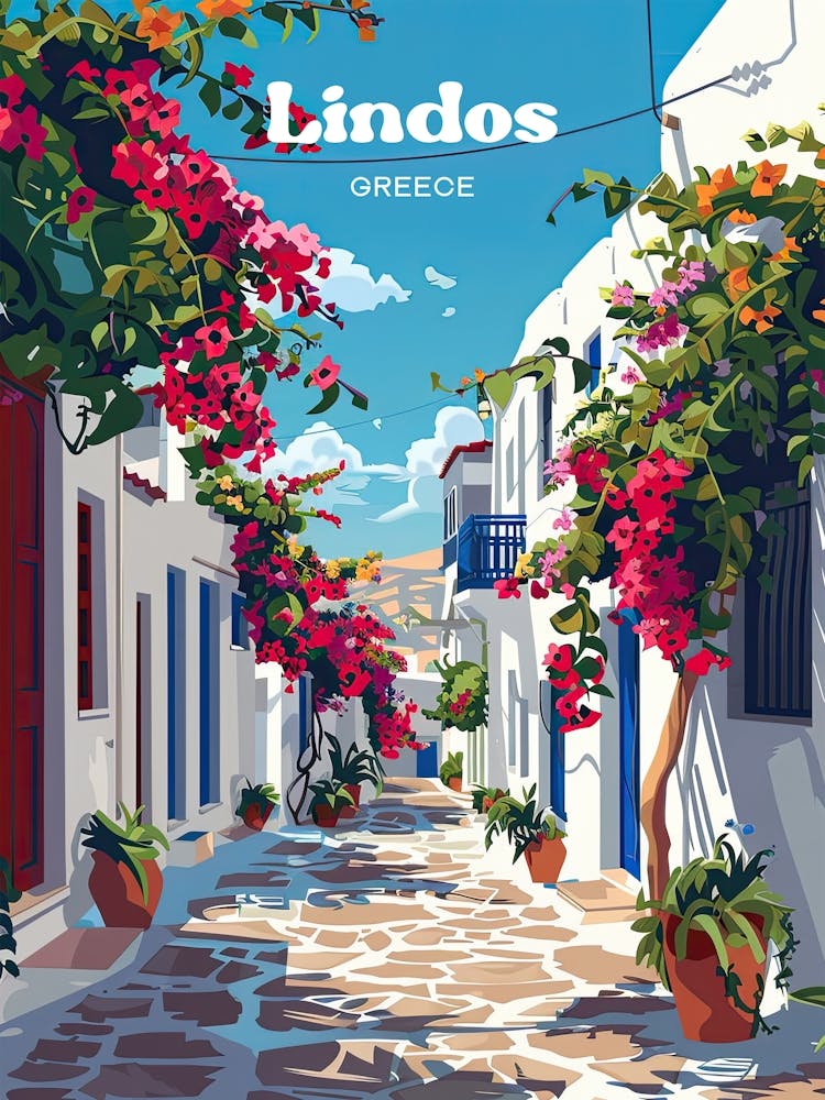 Lindos Greece Aegean Digital Travel Illustration