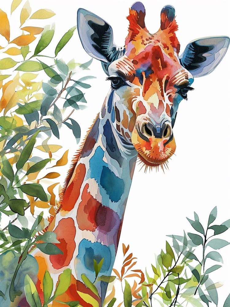 Watercolour Giraffe Head In The Leaves 1