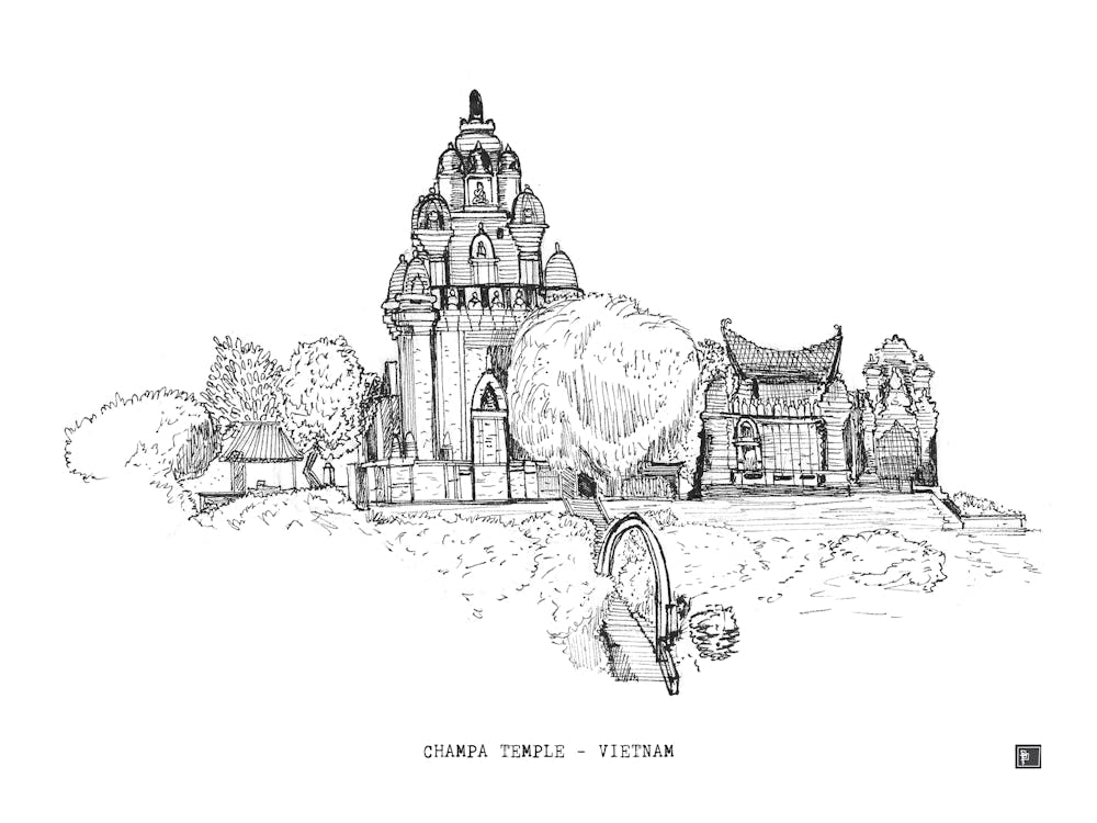Champa Temple Vietnam Cultural Architecture Pen Ink Drawing