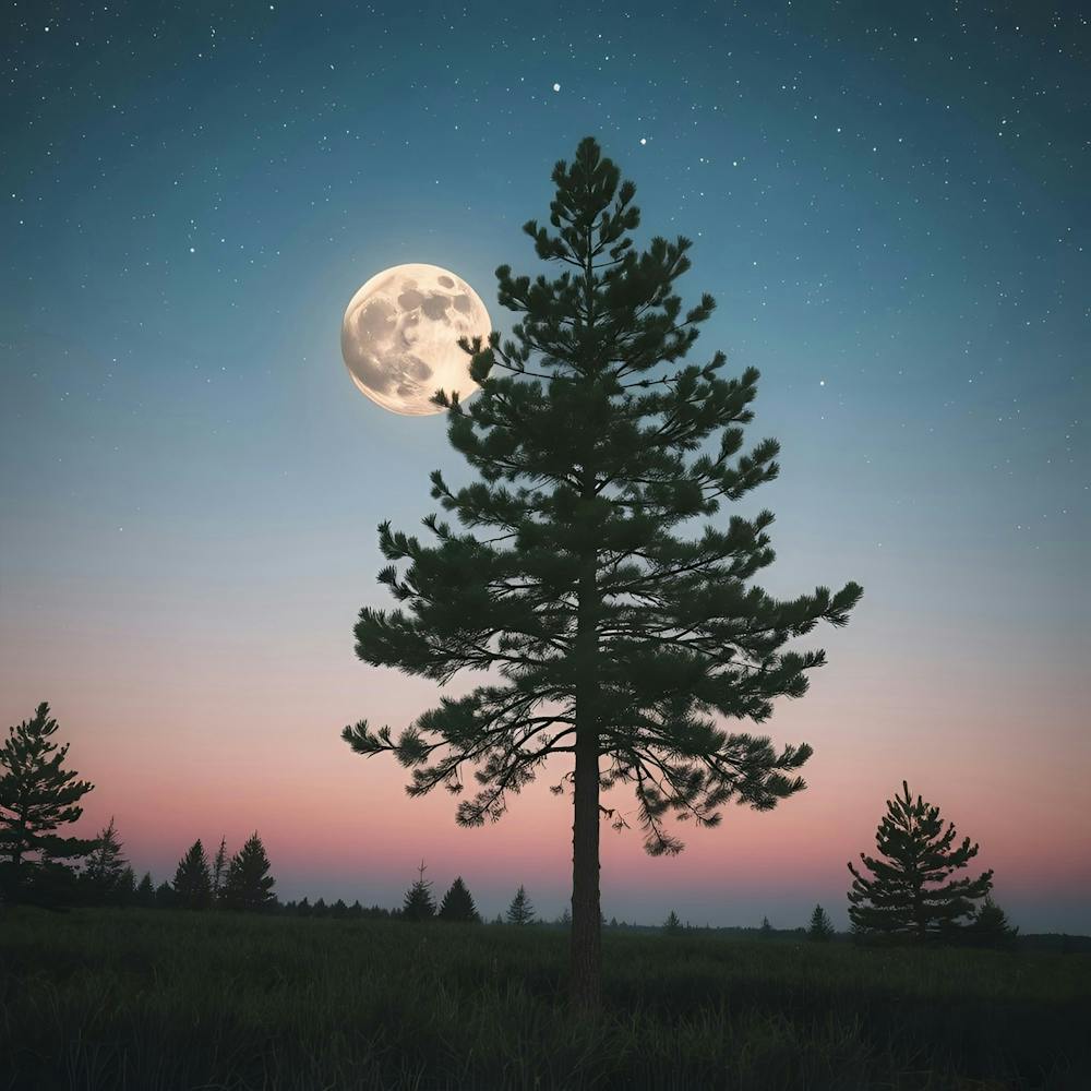 Full Moon Over A Pine Tree