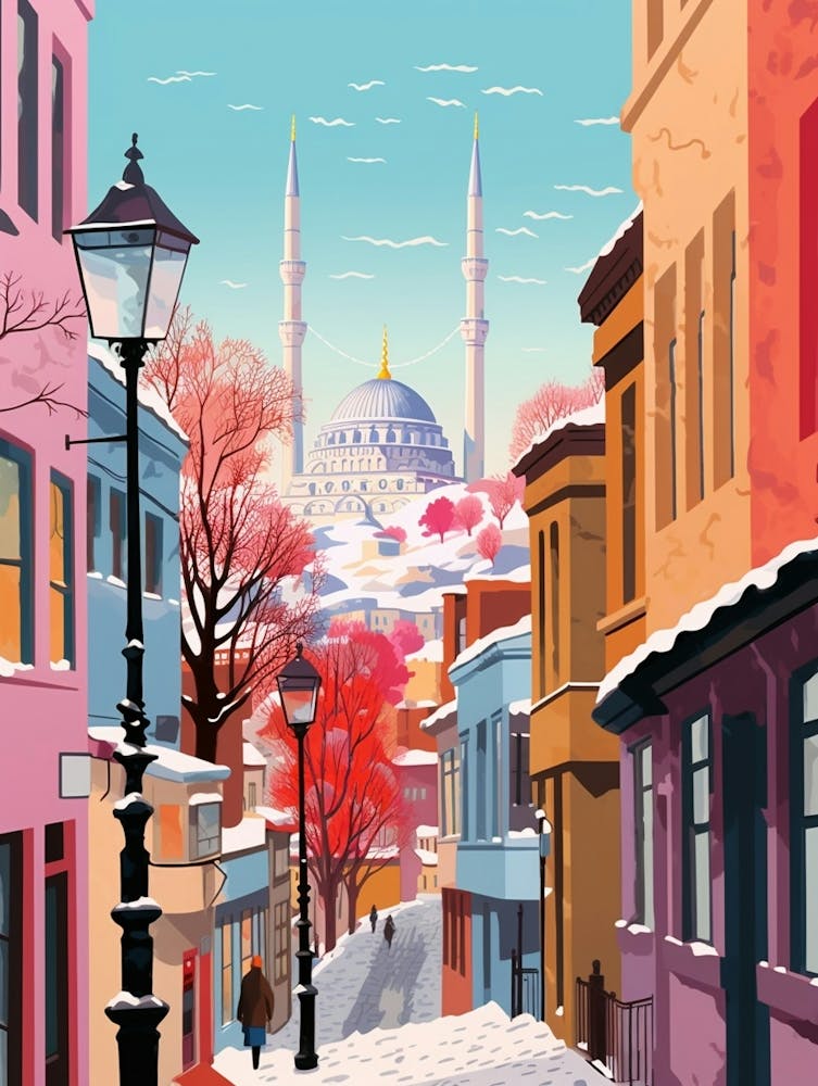 Vintage Winter Travel Illustration Istanbul Turkey 2