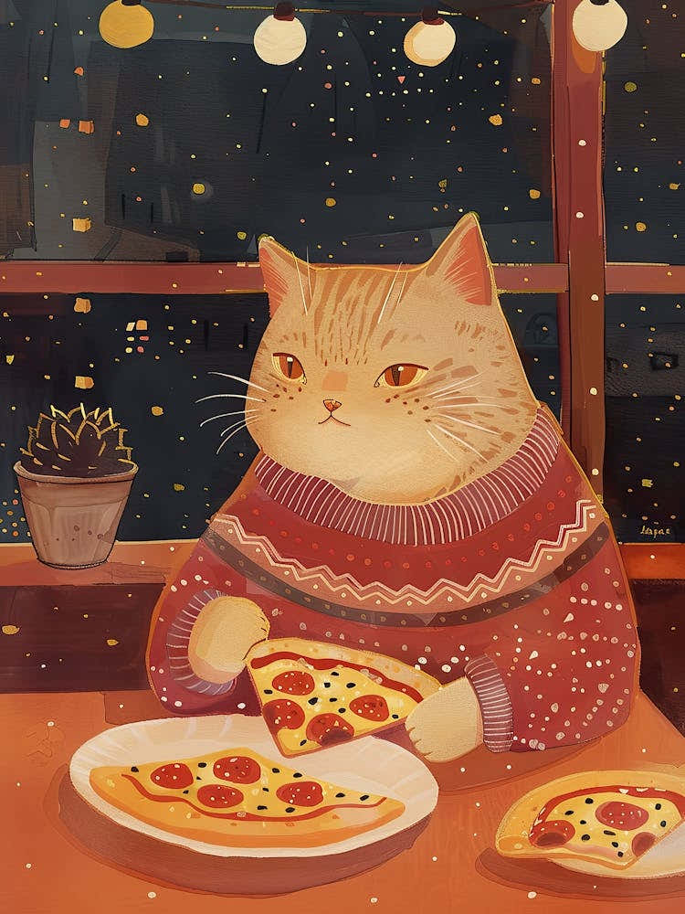 Cat In A Sweater Pizza Lover Folk Illustration 1