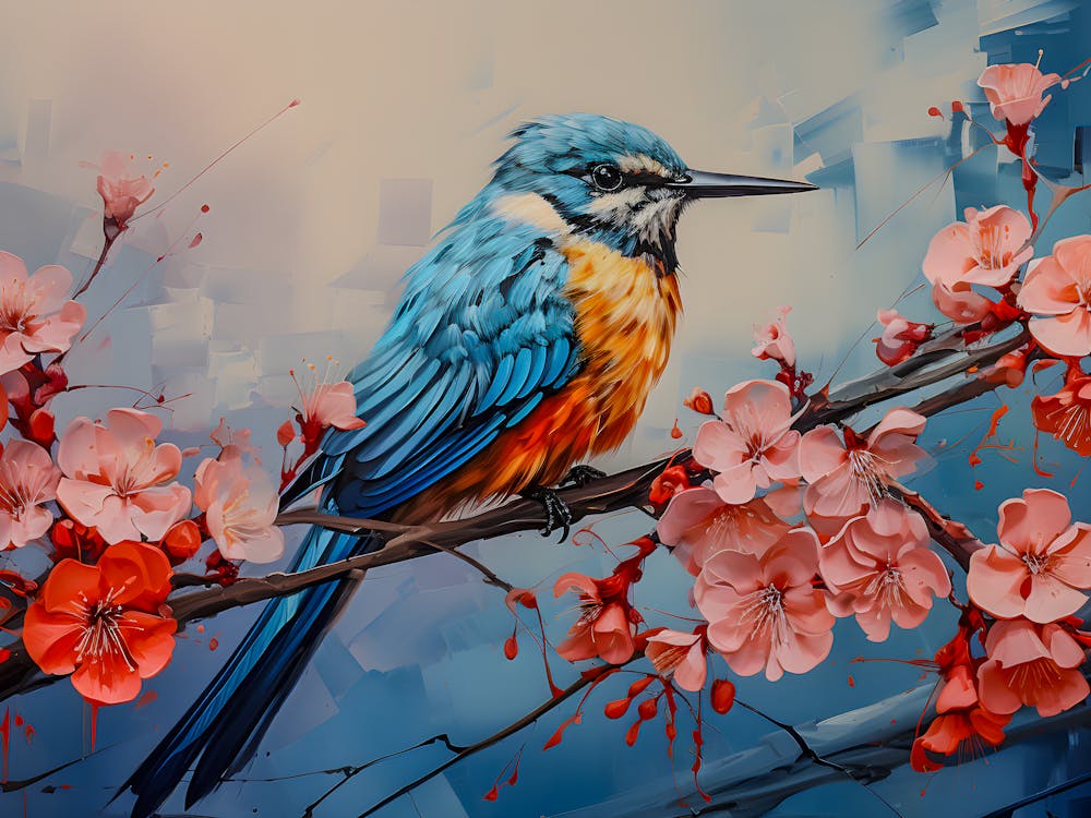 Vibrant Bluebird on Blossom Branch | Nature-Inspired | Modern Wall Decor