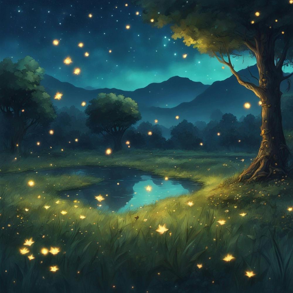 Catching Fireflies In A Field With A Pond And The 2