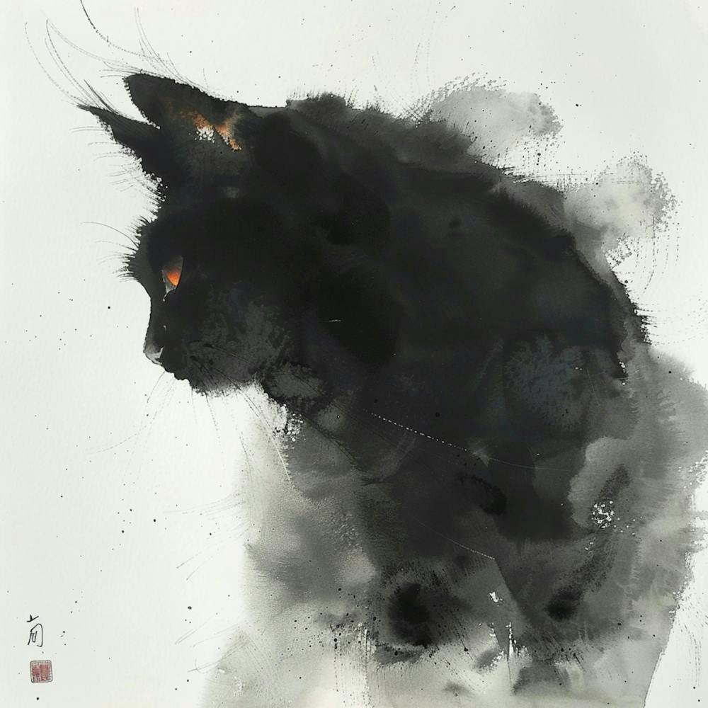 Ink Color, Cat, Portrait Close Up, Artistic Conception Ink Painting, Chinese Ink Comics, Painter, Matte Texture, Ink Animal, New Fine Brush, 32k, 3k