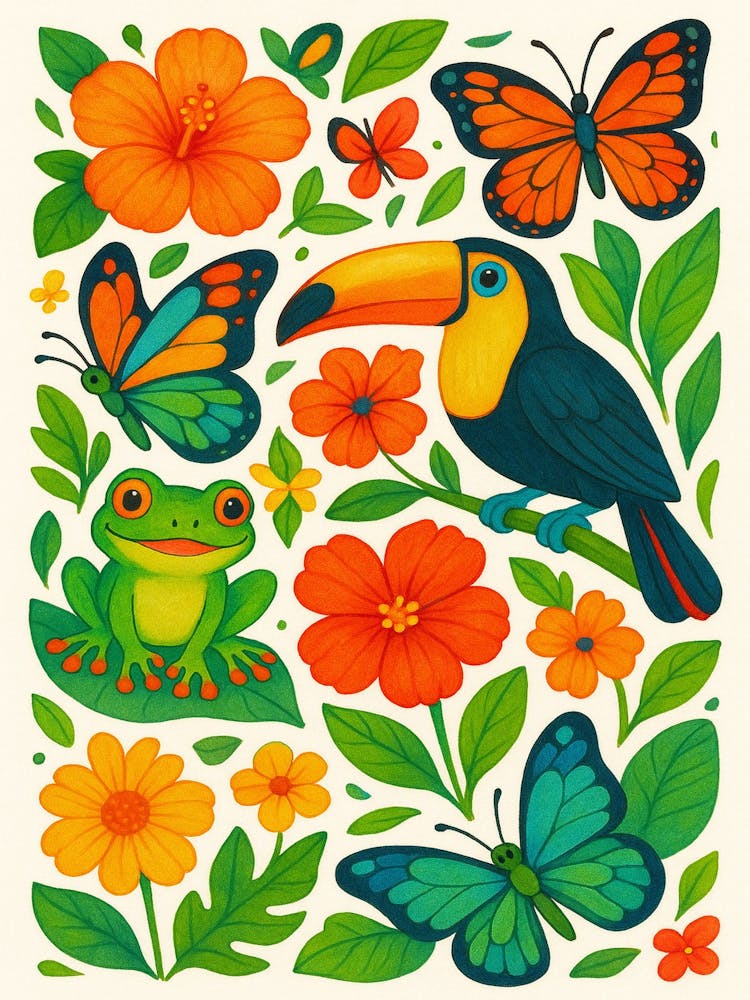 Tropical Jungle Wall Art – Colorful Toucan, Frogs & Butterflies Printable Illustration