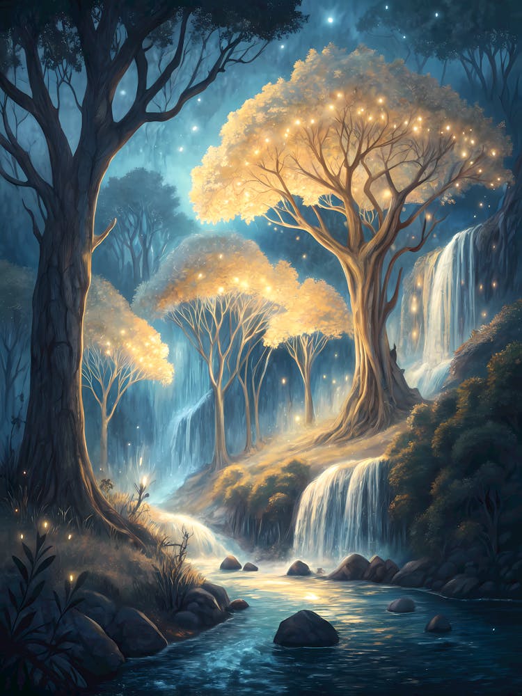 Enchanted Forest with Glowing Waterfalls Oil Painting Style