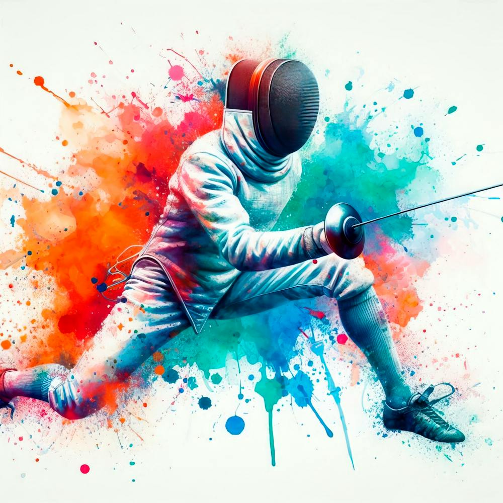 Watercolor Splash With Vibrant Colors Of An Olympic Fencing Fight 1