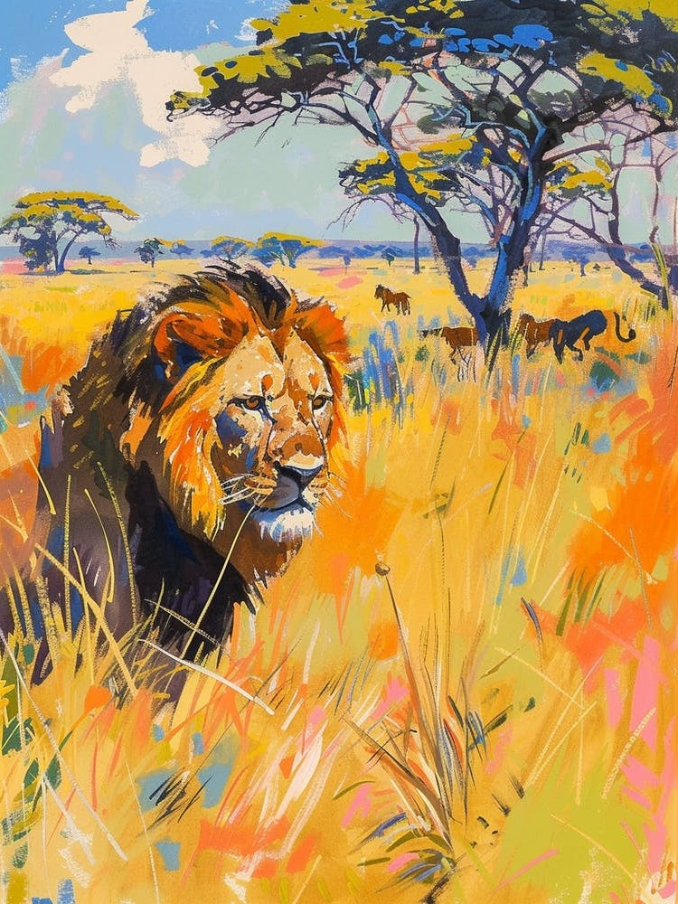 Southwest African Lion Hunting In The Savannah Fauvist Painting 2