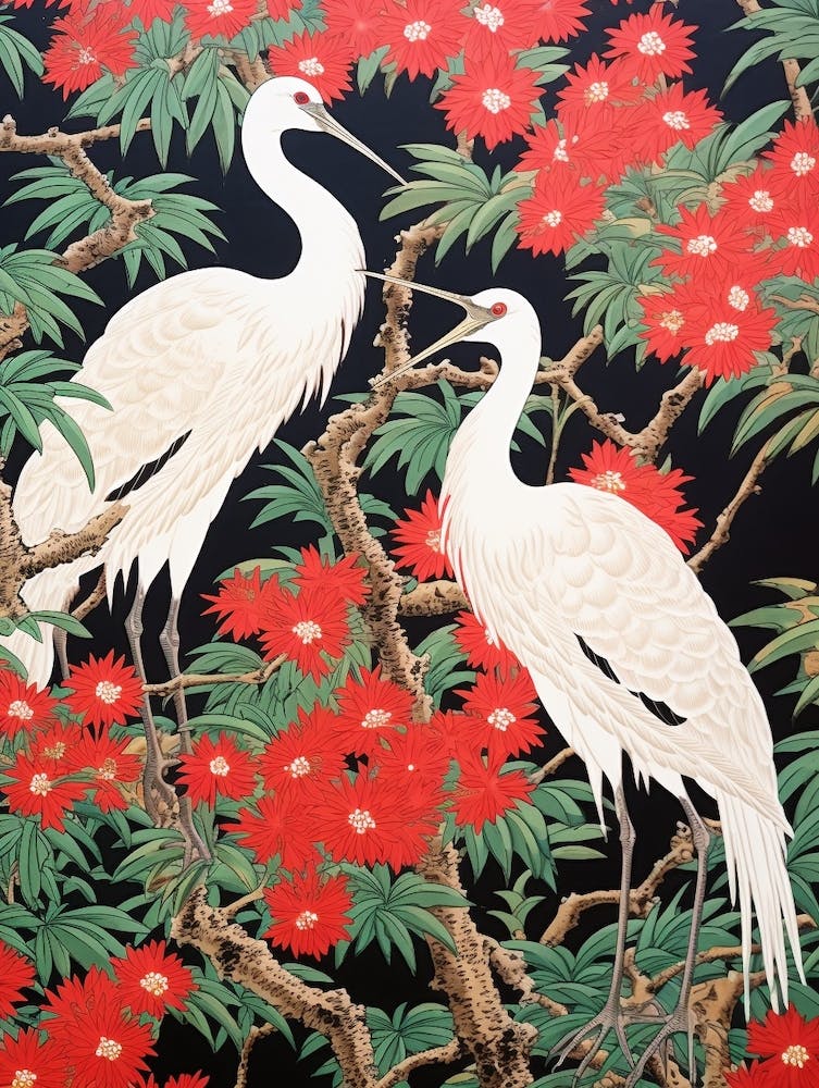 Cranes In Bush Clover Vintage Japanese Botanical