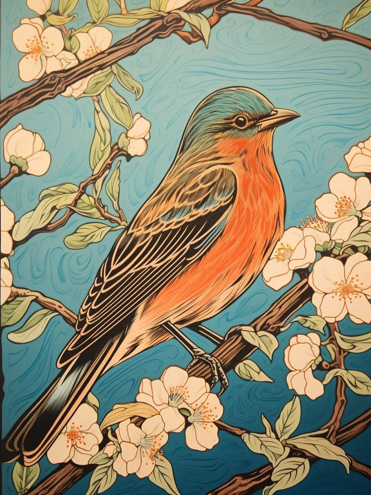 Birds And Branches Linocut Style 10