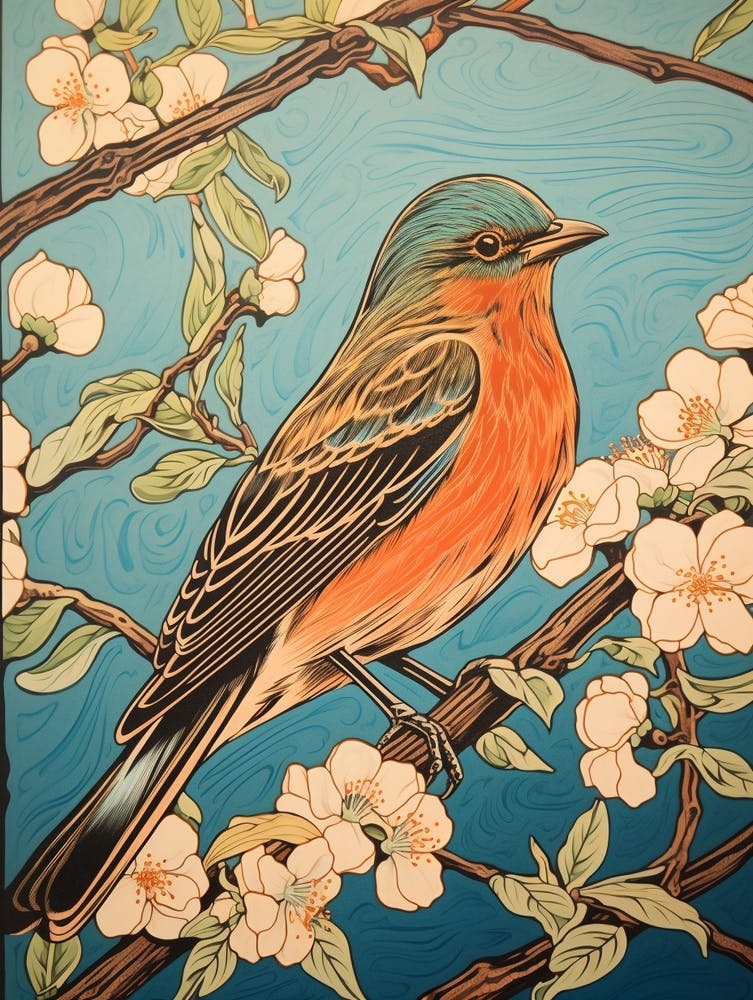 Birds And Branches Linocut Style 10