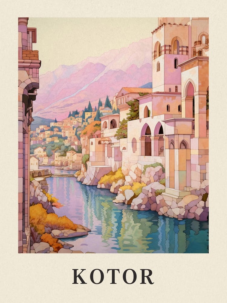 Kotor Montenegro 3 Vintage Pink Travel Illustration Poster