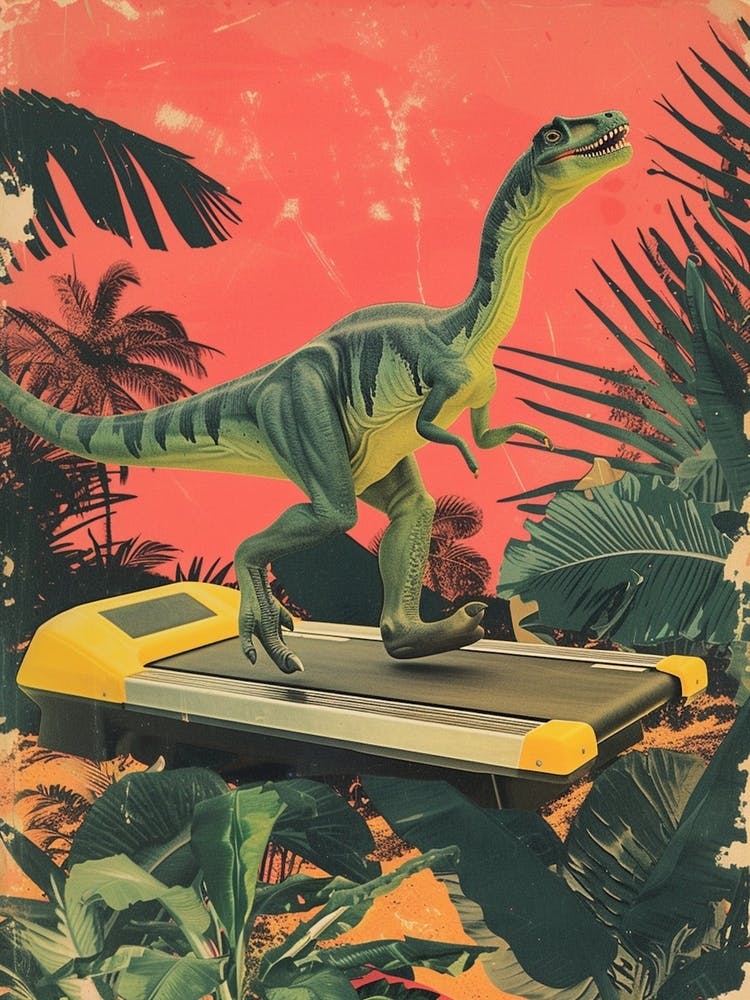 Dinosaur On The Treadmill Retro Collage 1