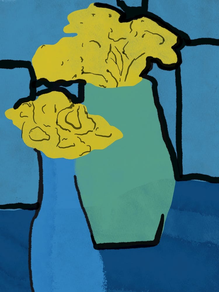 Yellow Flowers In Blue Vase