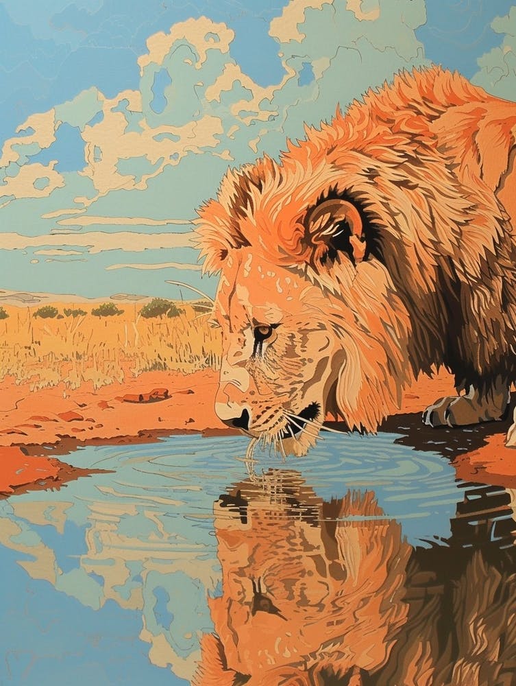 African Lion Relief Illustration Drinking 1