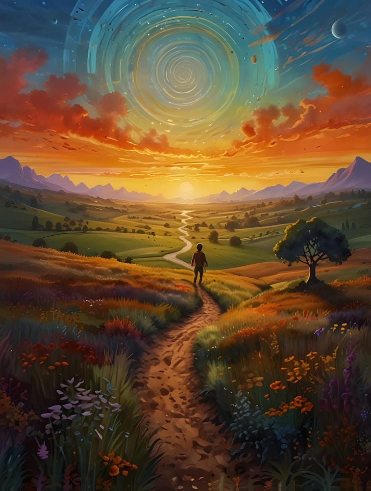 A vibrant, surreal landscape featuring a winding path through lush, colorful fields, with a figure walking towards a radiant sunset. The sky is filled with swirling patterns of blue and orange hues, casting a dreamlike atmosphere.