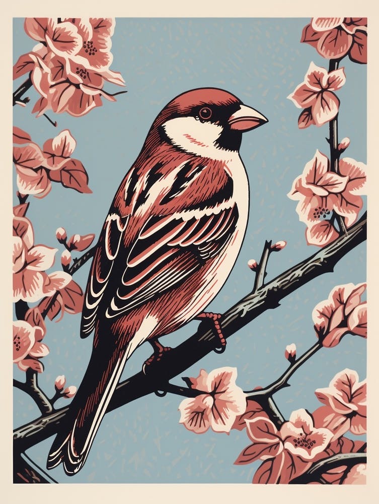 Vintage Bird Linocut House Sparrow 3