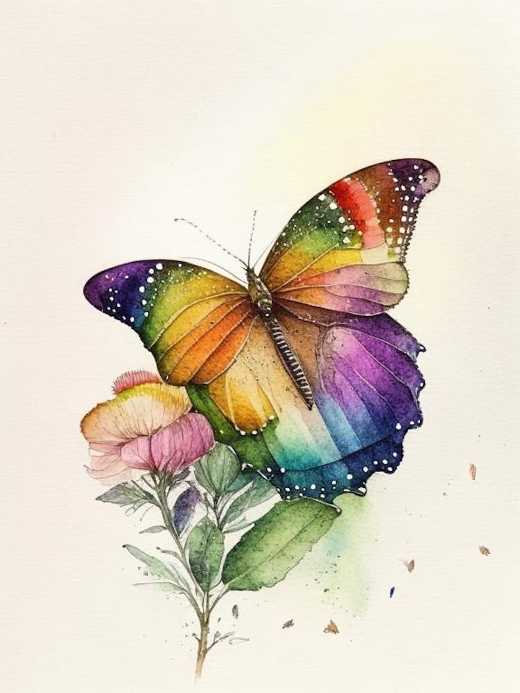 Butterfly On Rainbow Watercolour Ink 1