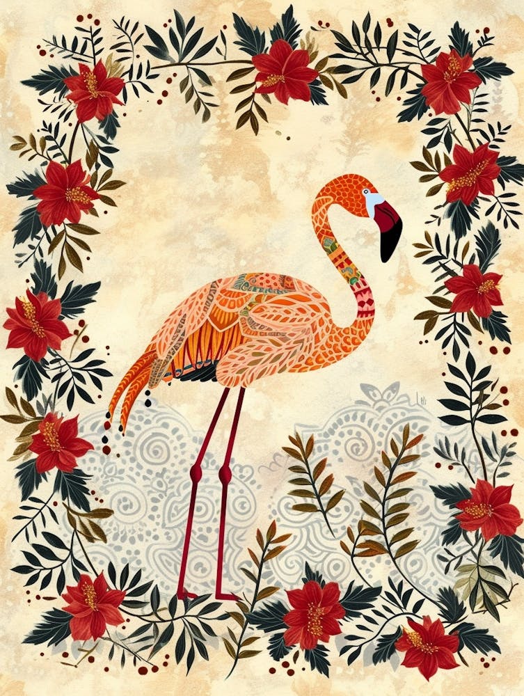 Greater Flamingo And Bougainvillea Boho Print 1